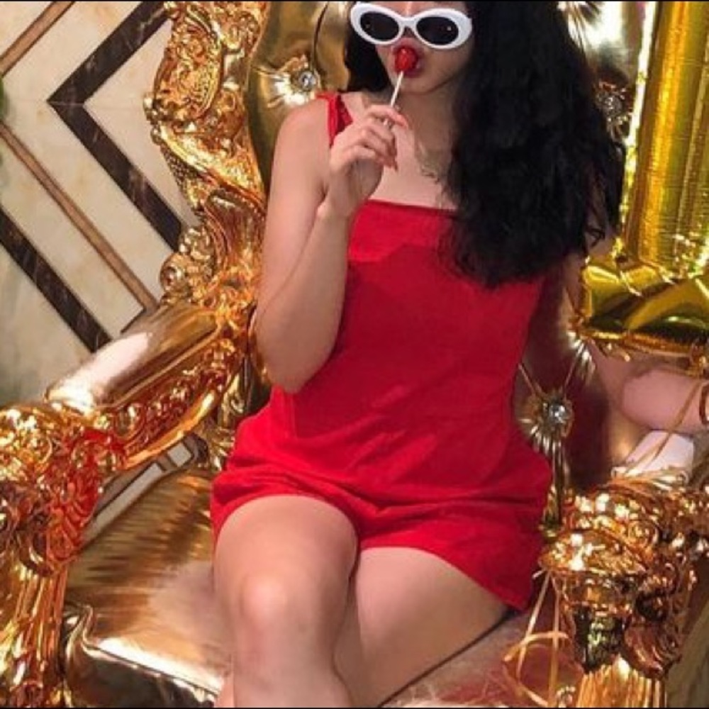 red self tie romper with pockets